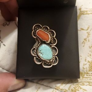 Sterling Silver Turquoise & Coral Ring